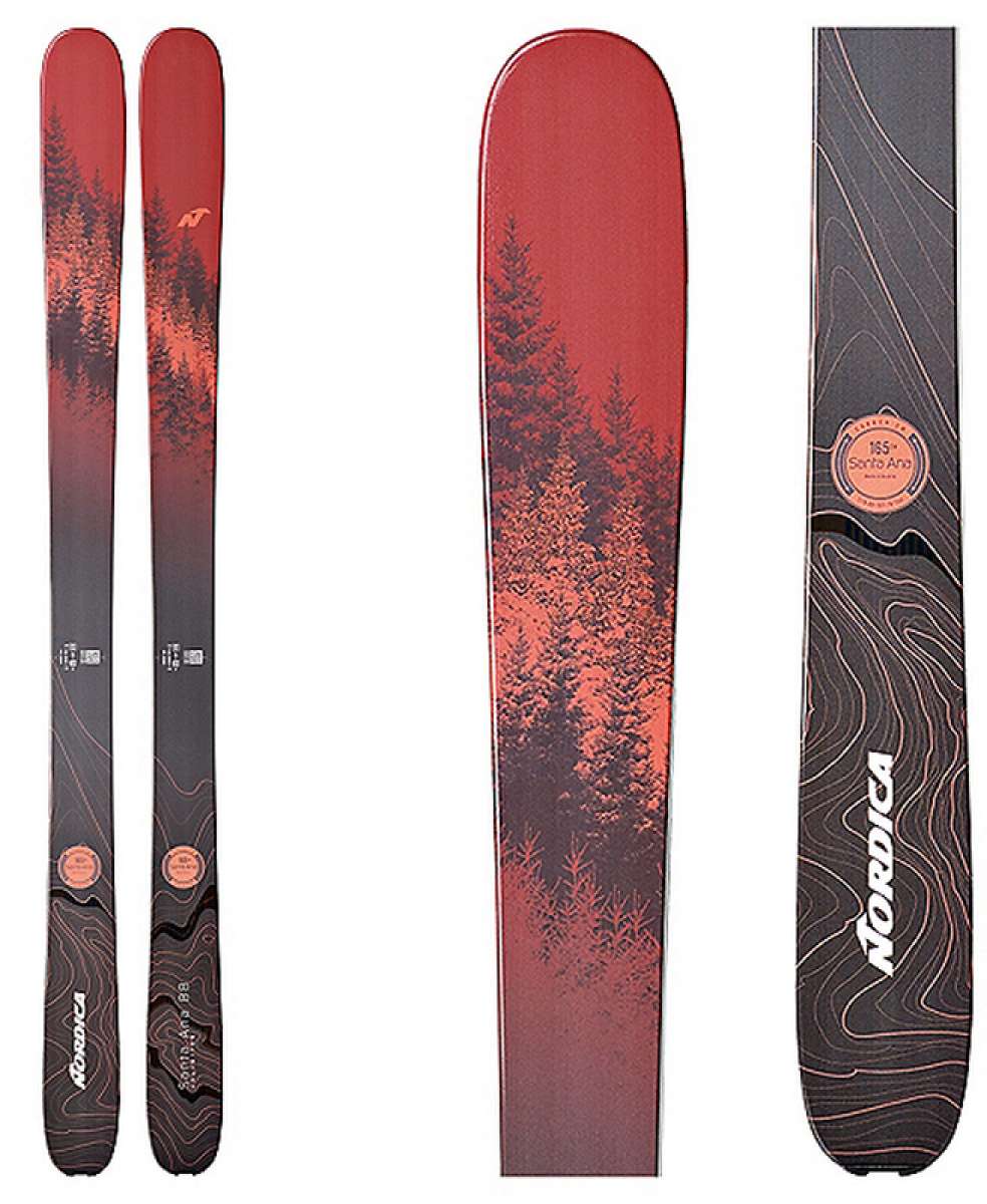 Nordica Ladies Santa Ana 88 Unlimited 2022 - A black and red ski with a forest scene on top.