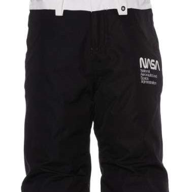 The 686 brand's NASA Exploration Insulated Bib Pant, designed for juniors, is black and white with a blue zipper.