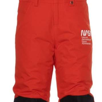 The 686 Junior's Nasa Exploration Insulated Bib Pant in red and black has an insulated hood.
