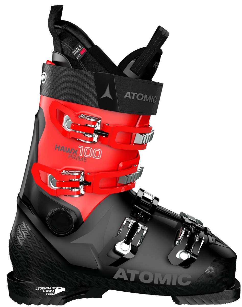 Atomic Hawx Prime 100 - Red ski boots with silver buckles and straps, black trim, and a gray logo on the side.