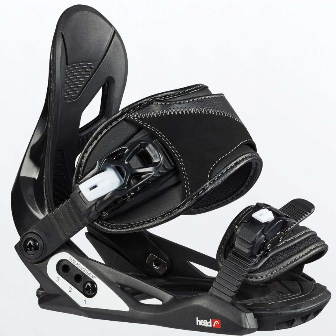Head P Junior Snowboard Bindings 2022 - Black bindings with white stitching on straps and black buckles.