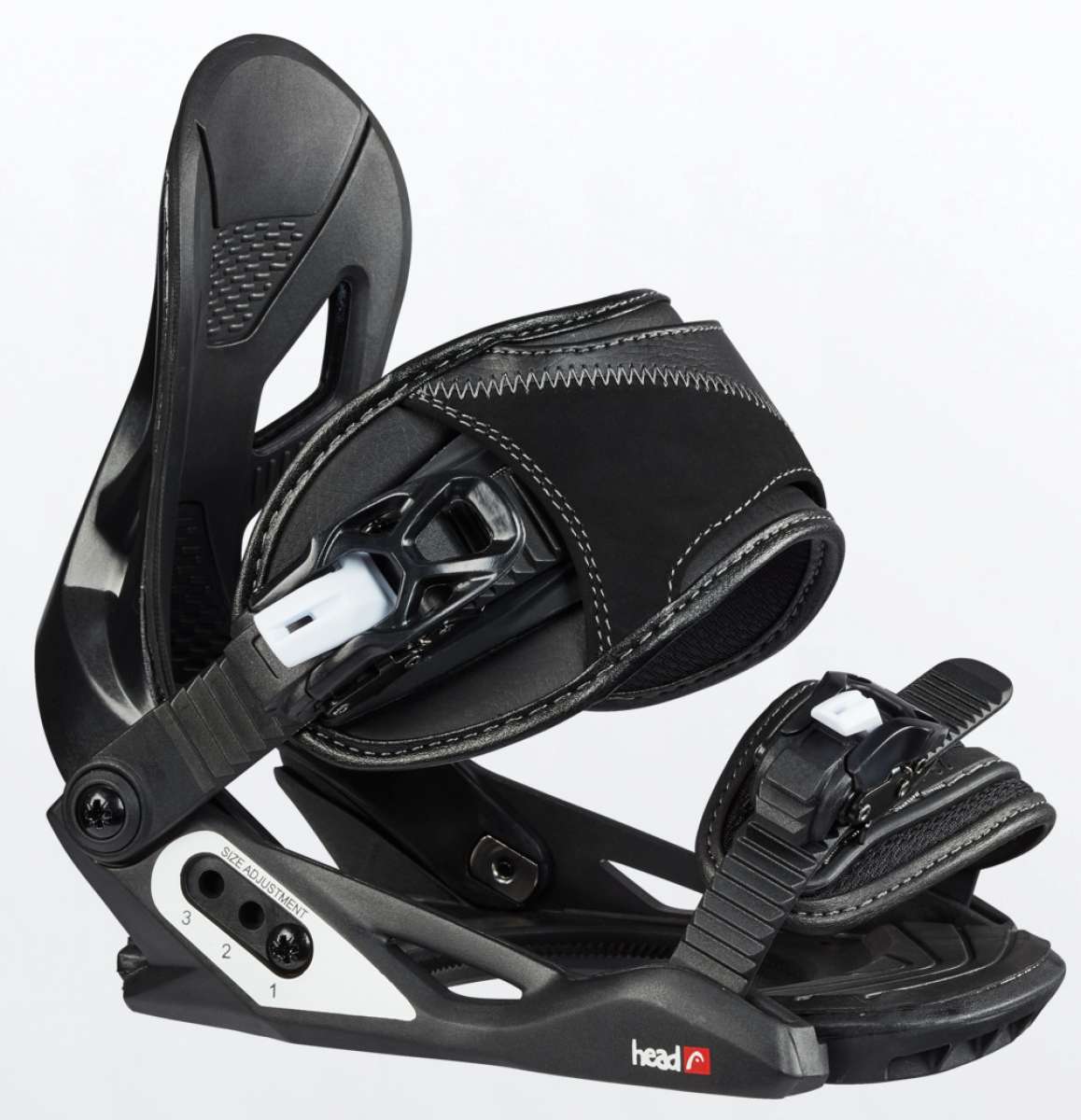Head P Junior Snowboard Bindings 2022 - Black bindings with white stitching on straps and black buckles.