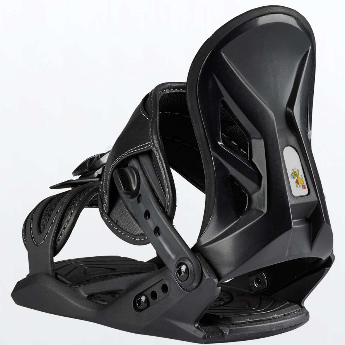 Head P Junior Snowboard Bindings 2022 - Black bindings with a small white logo on the highback featuring a cartoon character wearing goggles and a helmet.