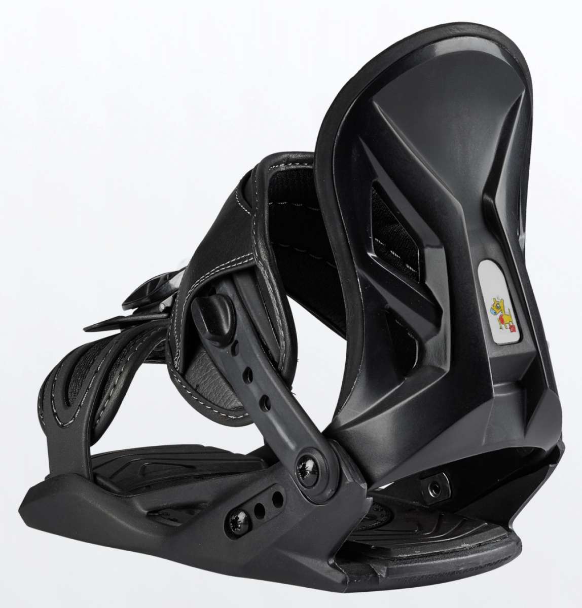 Head P Junior Snowboard Bindings 2022 - Black bindings with a small white logo on the highback featuring a cartoon character wearing goggles and a helmet.