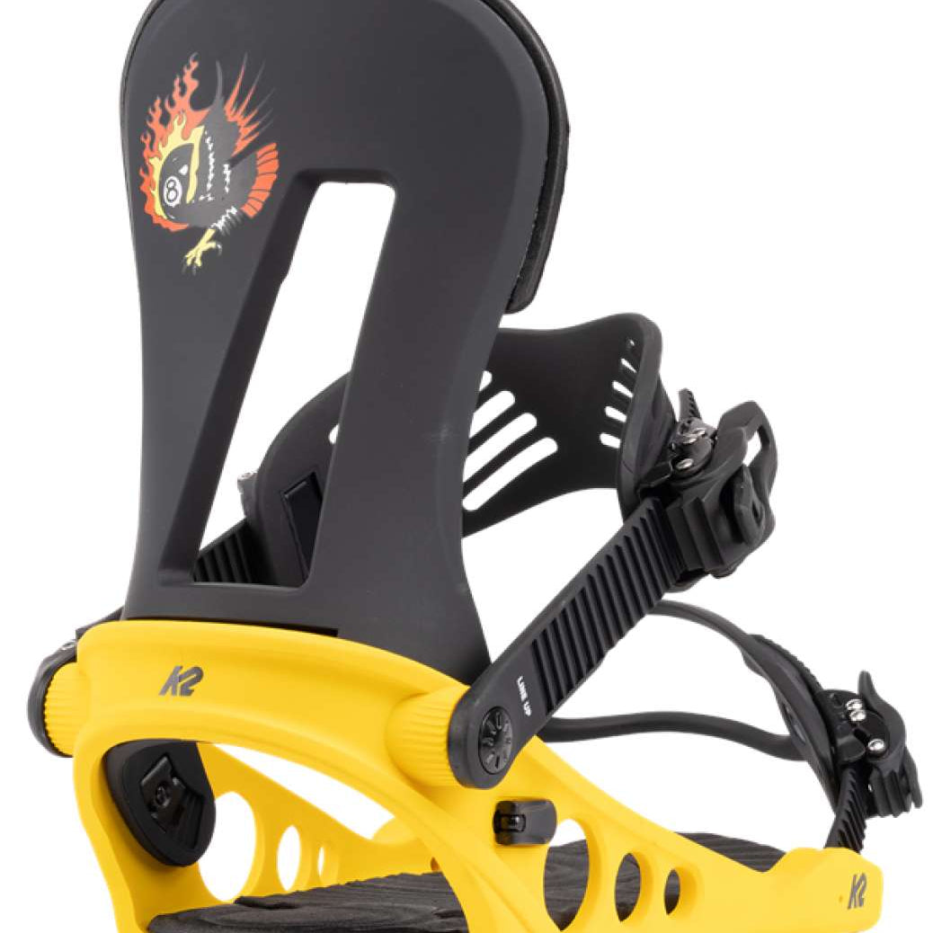 Yellow K2 Line Up snowboard bindings with black straps and buckles, designed for a secure fit on boots.