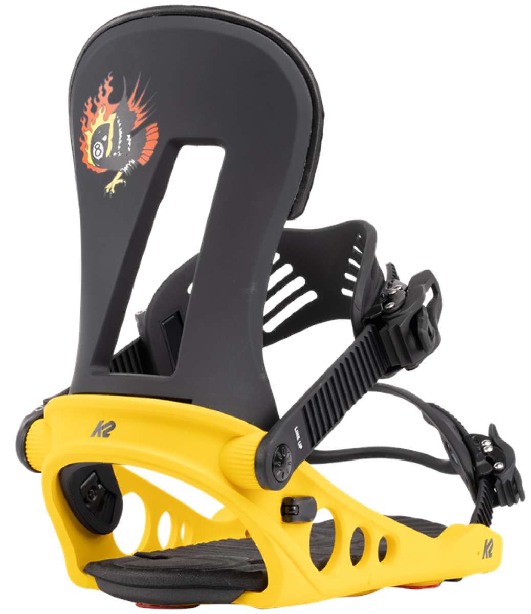 Yellow K2 Line Up snowboard bindings with black straps and buckles, designed for a secure fit on boots.