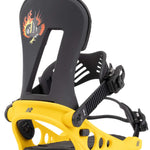Yellow K2 Line Up snowboard bindings with black straps and buckles, designed for a secure fit on boots.