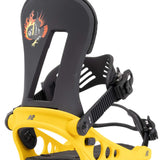 Yellow K2 Line Up snowboard bindings with black straps and buckles, designed for a secure fit on boots.
