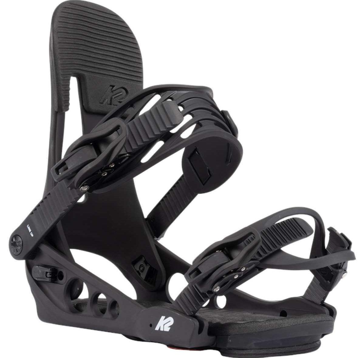 The image displays a pair of black K2 Line Up snowboarding bindings for the year 2022. The bindings feature a sturdy design with adjustable straps and buckles, suitable for securely securing boots to the snowboard.