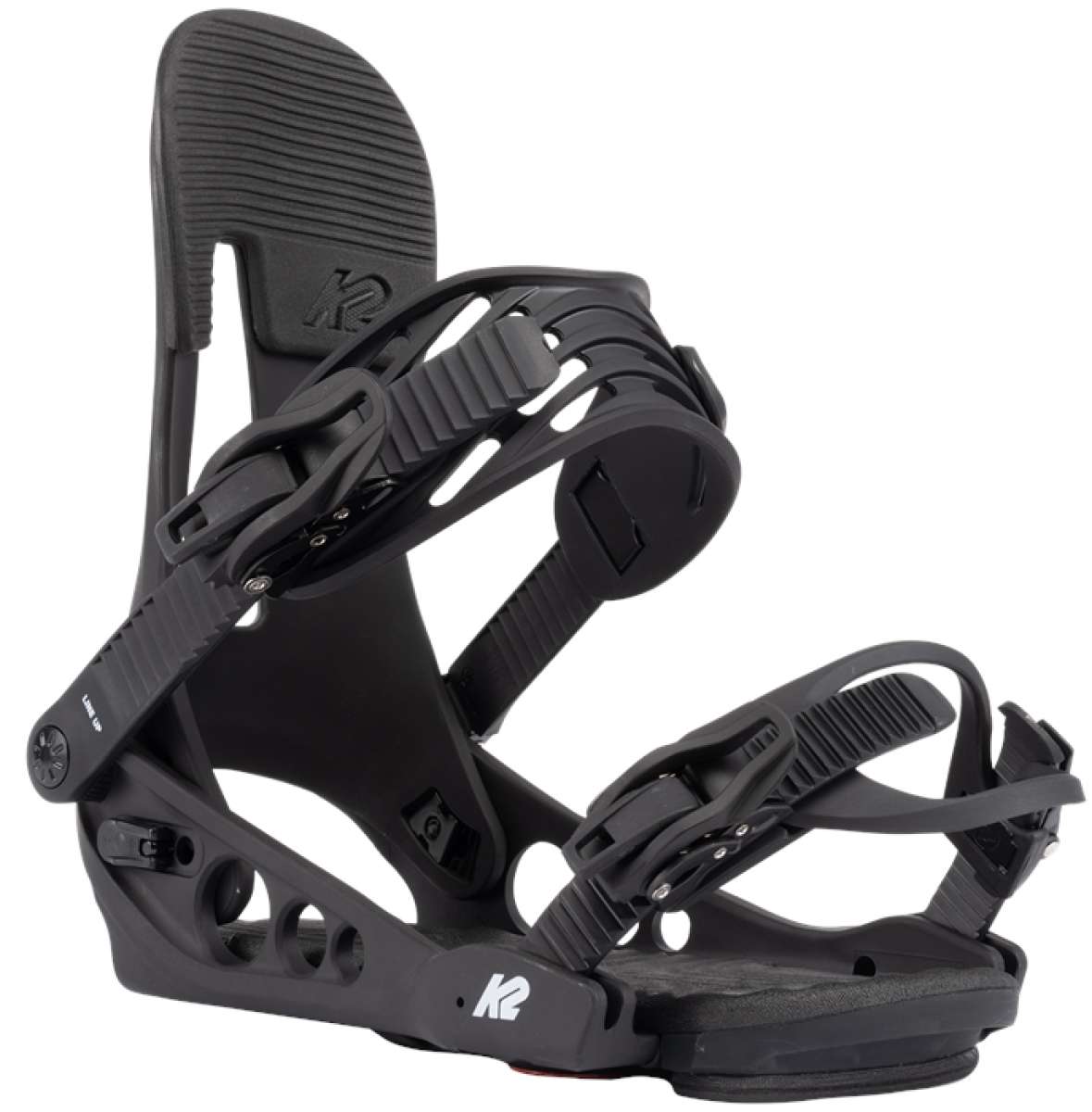 The image displays a pair of black K2 Line Up snowboarding bindings for the year 2022. The bindings feature a sturdy design with adjustable straps and buckles, suitable for securely securing boots to the snowboard.