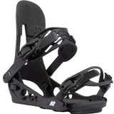 The image displays a pair of black K2 Line Up snowboarding bindings for the year 2022. The bindings feature a sturdy design with adjustable straps and buckles, suitable for securely securing boots to the snowboard.