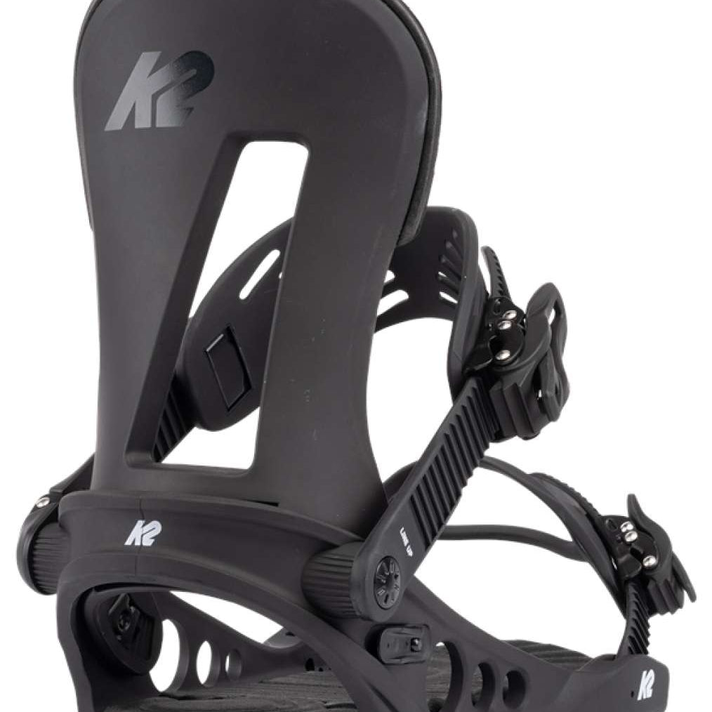 The image shows a pair of K2 Line Up snowboarding bindings for 2022. The bindings are black and feature the K2 logo on them. They appear to be designed for use with snowboards, as indicated by their structure and the straps visible in the photo.