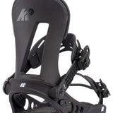 The image shows a pair of K2 Line Up snowboarding bindings for 2022. The bindings are black and feature the K2 logo on them. They appear to be designed for use with snowboards, as indicated by their structure and the straps visible in the photo.