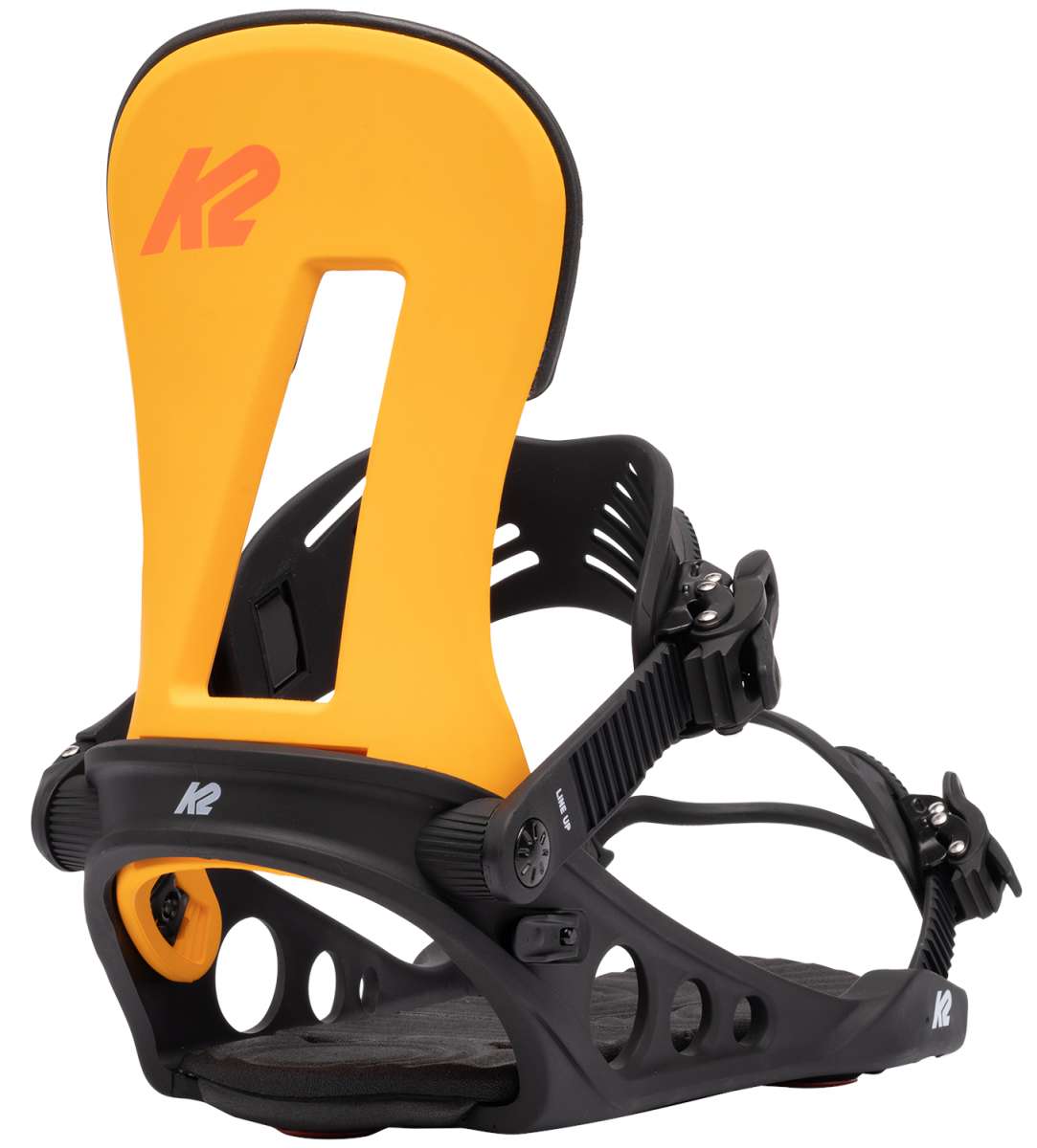 The image shows a pair of yellow and black K2 Line Up Snowboarding Bindings for the year 2022. These bindings are designed to securely attach to snowboards, providing support and control during snowboarding activities. The bindings feature a sturdy design with adjustable straps and buckles for a comfortable fit, as well as a heel release mechanism that allows for easy removal from the snowboard. The K2 logo is prominently displayed on the bindings, indicating the brand of the product.