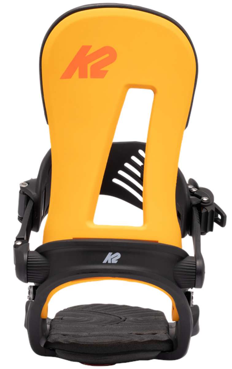 Yellow and black K2 Line Up snowboard bindings with a black strap.