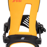 Yellow and black K2 Line Up snowboard bindings with a black strap.