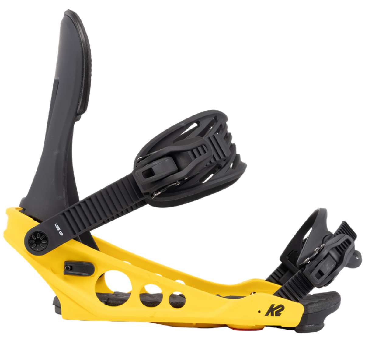 The image shows a pair of yellow and black snowboard bindings. The brand is K2, and they are designed for use with the 2022 line up of snowboards. These bindings feature a secure fit with a sturdy buckle system and adjustable straps to ensure a comfortable and safe experience on the slopes.