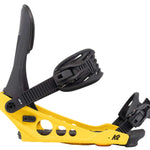 The image shows a pair of yellow and black snowboard bindings. The brand is K2, and they are designed for use with the 2022 line up of snowboards. These bindings feature a secure fit with a sturdy buckle system and adjustable straps to ensure a comfortable and safe experience on the slopes.