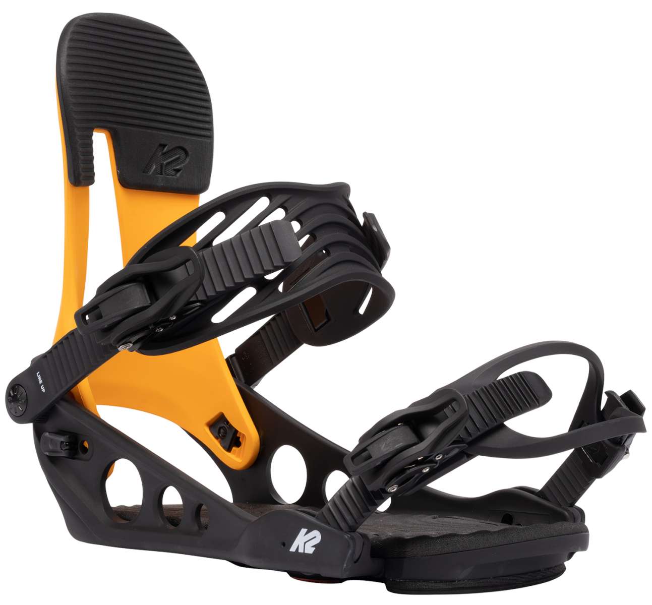 The image shows a pair of K2 Line Up snowboarding bindings for the year 2022. The bindings are black and yellow, with a sturdy design featuring multiple straps and buckles for secure attachment to boots.