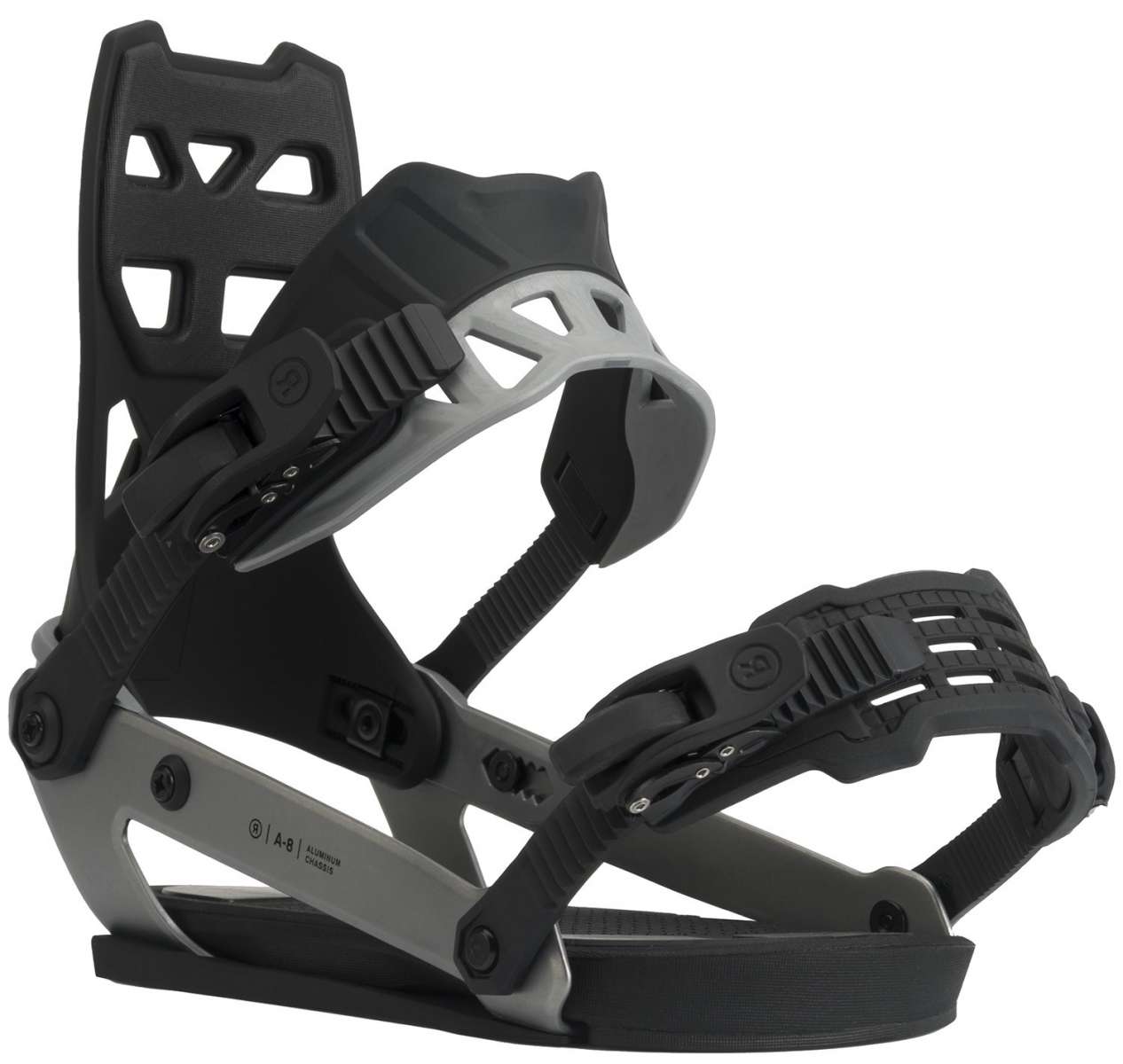 Ride A-8 Snowboard Bindings 2022 - Black bindings with silver buckles and straps.