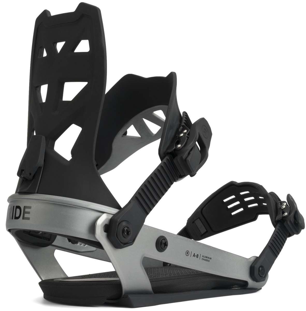 Ride A-8 Snowboard Bindings 2022 - Black bindings with silver buckles and straps.