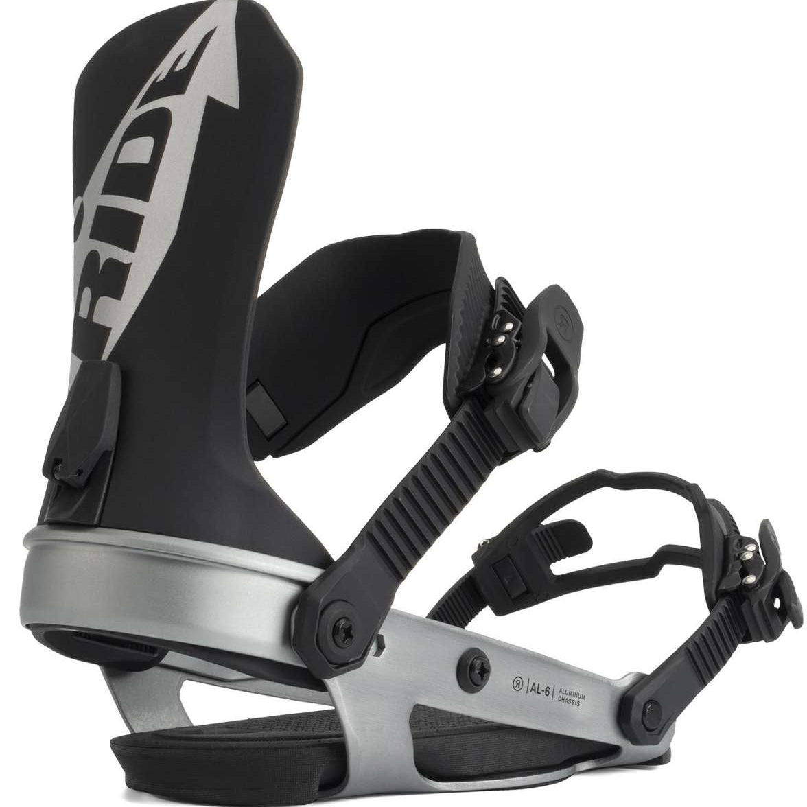 Ride Ladies AL-6 Snowboard Bindings 2022 - A pair of black and silver snowboard bindings with a distinctive "RIDE" logo on the top strap.