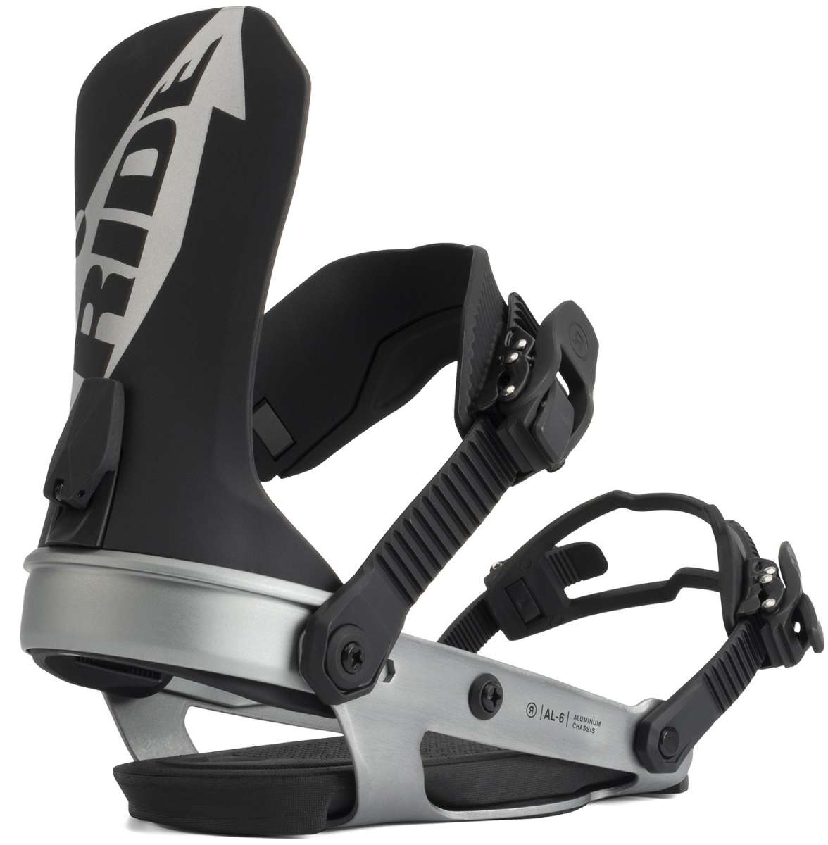 Ride Ladies AL-6 Snowboard Bindings 2022 - A pair of black and silver snowboard bindings with a distinctive "RIDE" logo on the top strap.