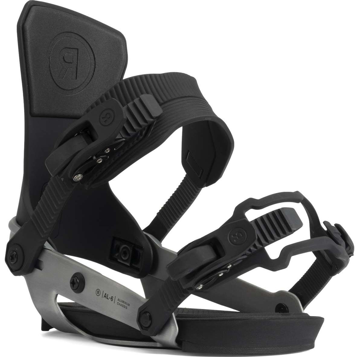 Ride Ladies AL-6 Snowboard Bindings 2022 - A pair of black snowboard bindings with a circular logo on the top strap.