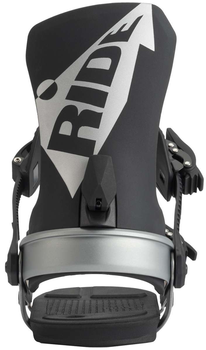 Ride Ladies AL-6 Snowboard Bindings 2022 - A black and silver snowboard binding with a large "RIDE" logo on top, featuring a sleek design with silver accents.