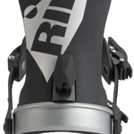 Ride Ladies AL-6 Snowboard Bindings 2022 - A black and silver snowboard binding with a large "RIDE" logo on top, featuring a sleek design with silver accents.
