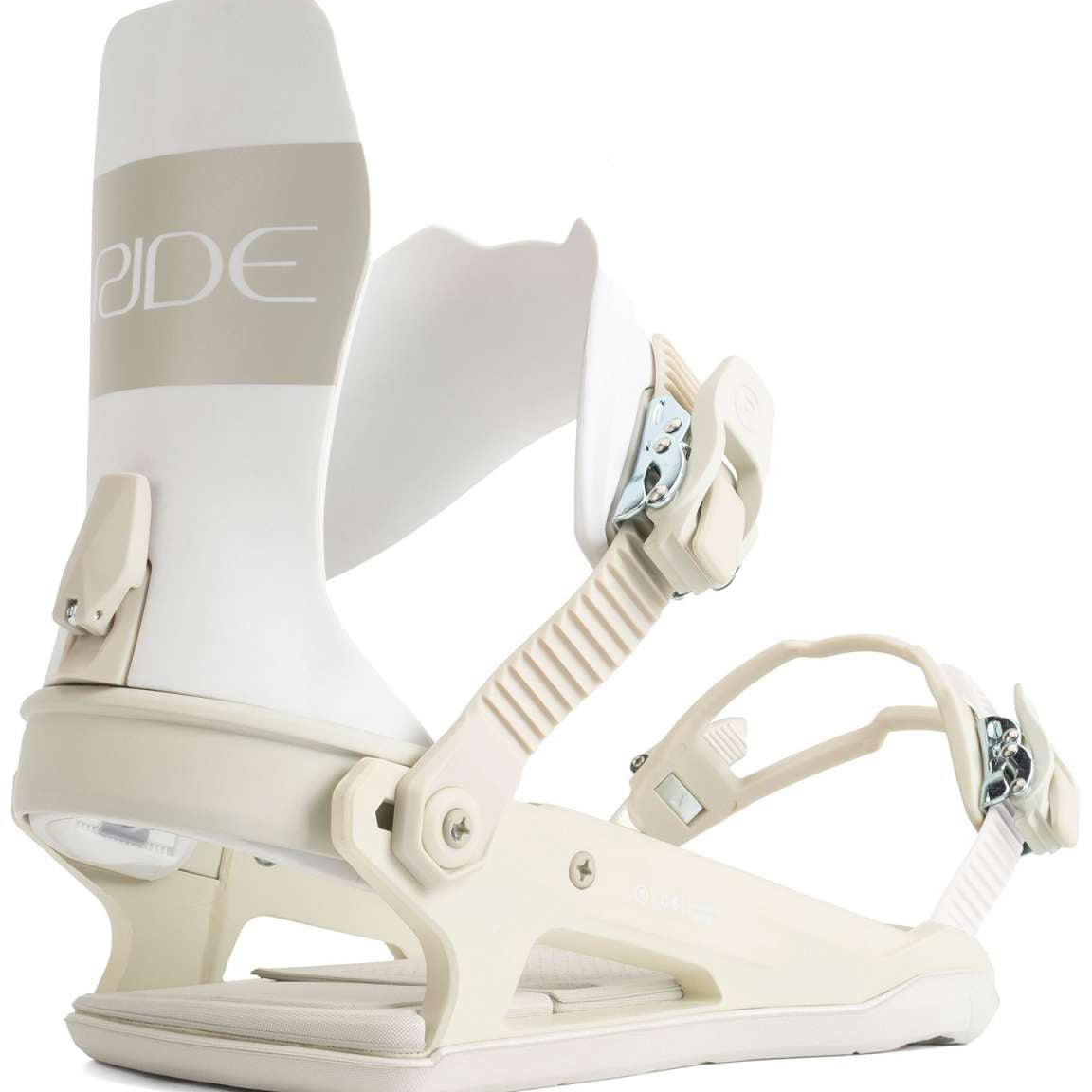Ride C-6 Snowboard Bindings 2022 - A pair of white snowboard bindings with silver buckles and straps.