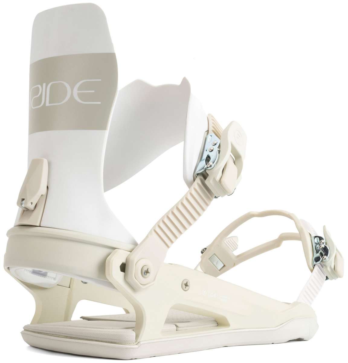 Ride C-6 Snowboard Bindings 2022 - A pair of white snowboard bindings with silver buckles and straps.