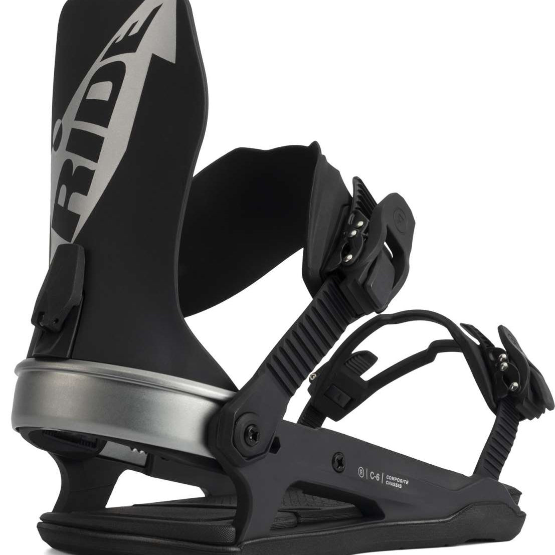 Ride C-6 Snowboard Bindings 2022 - Black bindings with silver accents and a white logo on the strap.