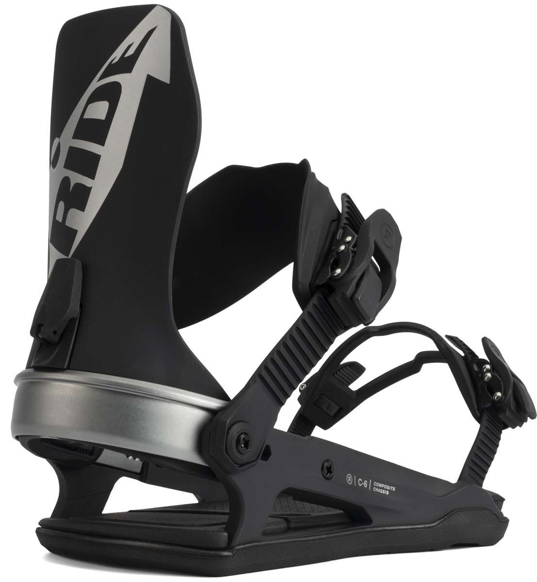 Ride C-6 Snowboard Bindings 2022 - Black bindings with silver accents and a white logo on the strap.