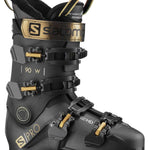Salomon Ladies S-Pro 90 GW Ski Boots 2022 - Black ski boots with gold buckles and a black strap.