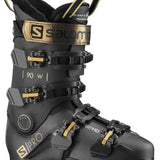 Salomon Ladies S-Pro 90 GW Ski Boots 2022 - Black ski boots with gold buckles and a black strap.