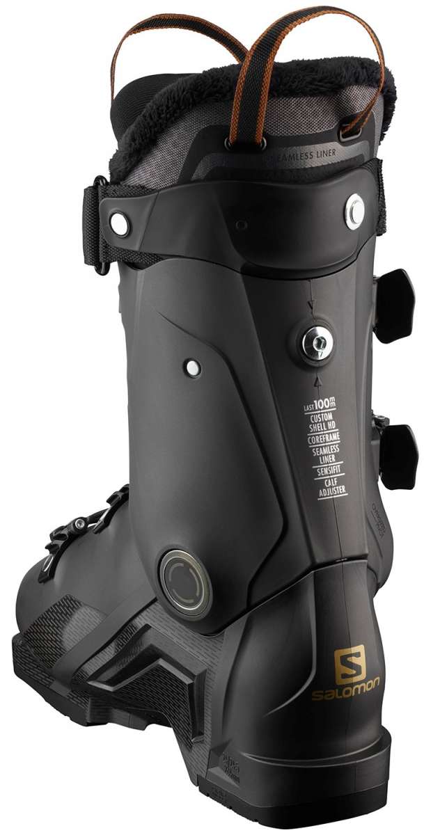 Salomon Ladies S-Pro 90 GW Ski Boots 2022 - Black ski boots with a textured pattern on the side and silver buckles.