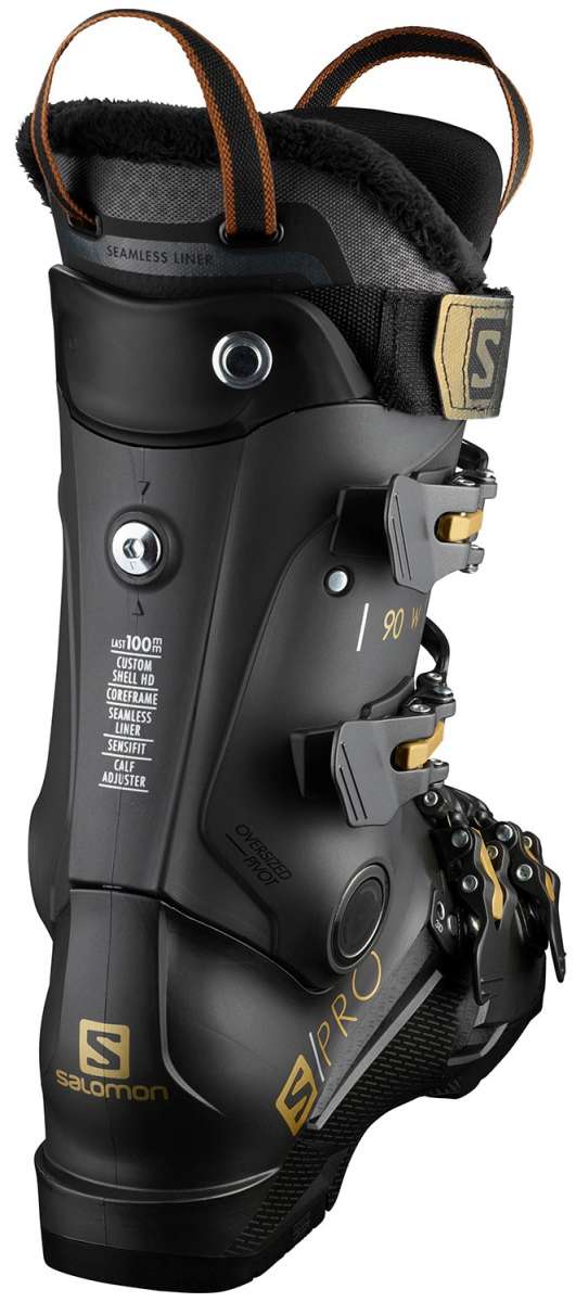 Salomon Ladies S-Pro 90 GW Ski Boots 2022 - Black ski boots with gold buckles and straps.