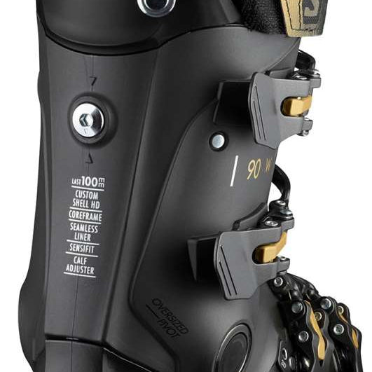 Salomon Ladies S-Pro 90 GW Ski Boots 2022 - Black ski boots with gold buckles and straps.