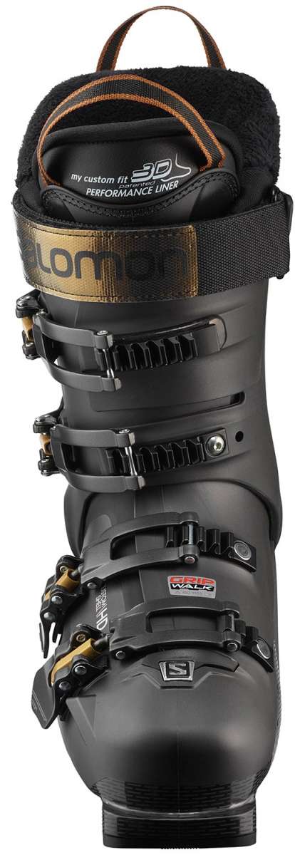 Salomon Ladies S-Pro 90 GW Ski Boots 2022 - Black ski boots with white lettering and a gold logo on the side.