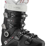 Salomon Women's S-Pro HV X80 GW Ski Boots 2022 - Black ski boots with white accents and silver buckles.