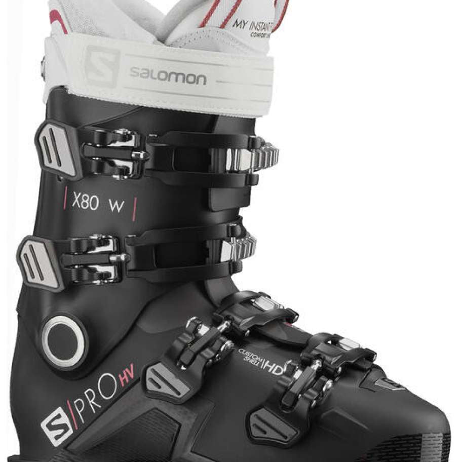 Salomon Women's S-Pro HV X80 GW Ski Boots 2022 - Black ski boots with white accents and silver buckles.