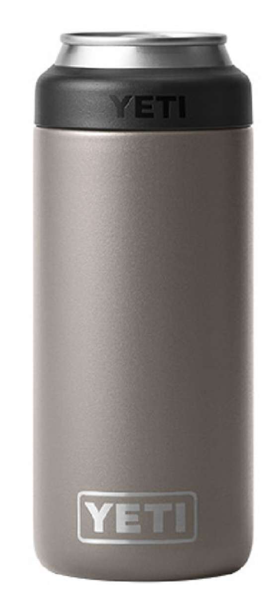 Yeti Rambler 12 oz. Colster Slim Can Insulator - A silver-colored can insulator with a black lid and the word "YETI" embossed on it in white letters.