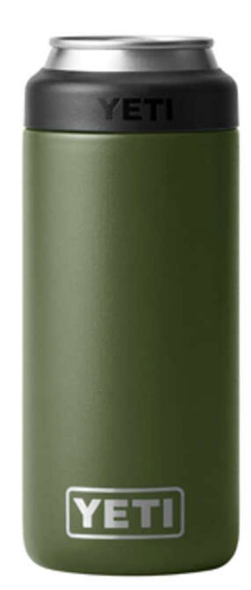 Yeti Rambler 12 oz. Colster Slim Can Insulator - A slim can insulator with a silver lid and a dark green body.