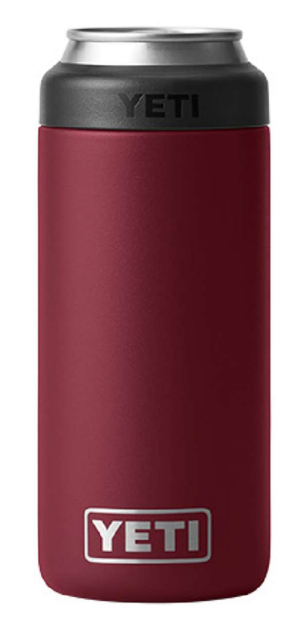 Yeti Rambler 12 oz. Colster Slim Can Insulator - A red insulated can holder with a silver lid and the word "YETI" embossed on it.