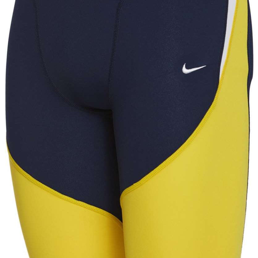 Nike Swim Men's Poly Color Surge Jammer Swimsuit - A navy blue and yellow swimsuit with a white Nike logo on the left leg.