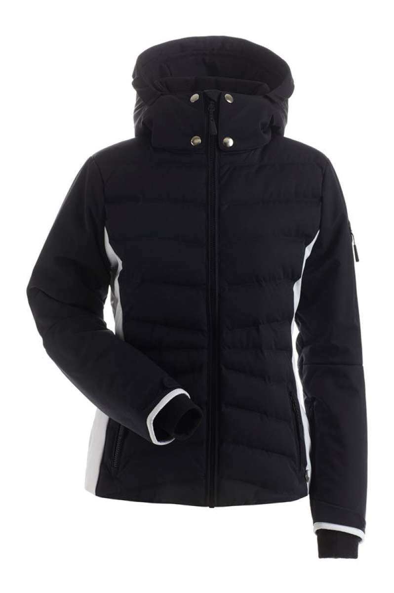 Nils Ladies Bianca Insulated Quilted Jacket 2022 - A black quilted jacket with white accents on the sides and a hood.