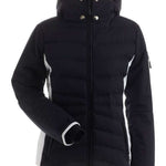 Nils Ladies Bianca Insulated Quilted Jacket 2022 - A black quilted jacket with white accents on the sides and a hood.
