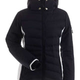 Nils Ladies Bianca Insulated Quilted Jacket 2022 - A black quilted jacket with white accents on the sides and a hood.