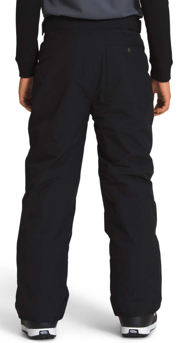 North Face Boys Freedom Insulated Pant 2024 - Black snow pants with a zippered pocket on the right thigh and adjustable Velcro straps at the waistband.